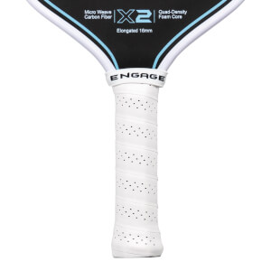 Close-up of the white perforated handle and black face featuring the ENGAGE brand name, blue X2 logo, and text for Elongated 16mm and Quad-Density Foam Core.