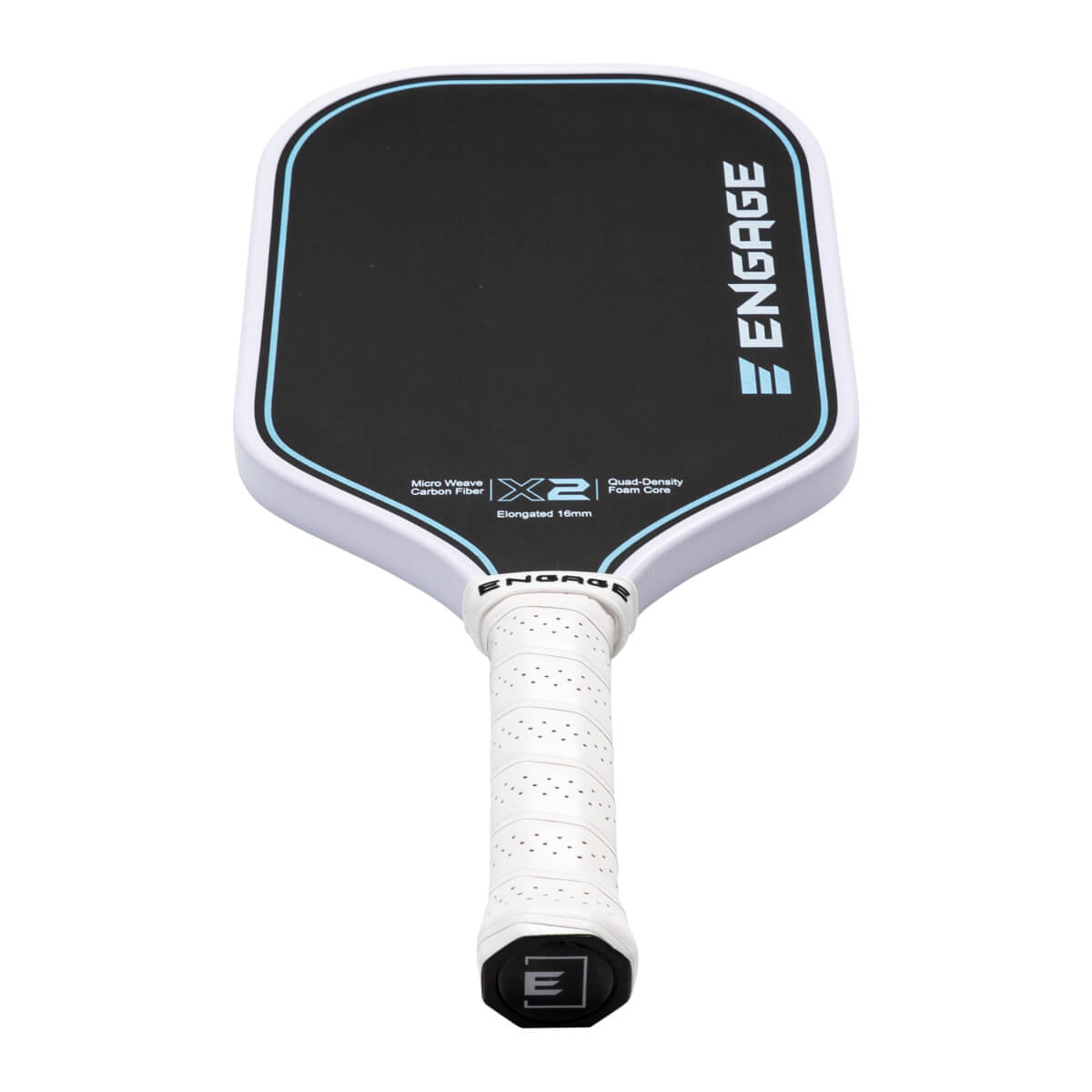 Front view of the Engage X2 pickleball paddle featuring a black face with blue trim, a white grip, and prominent "ENGAGE" and "X2" branding on the face.