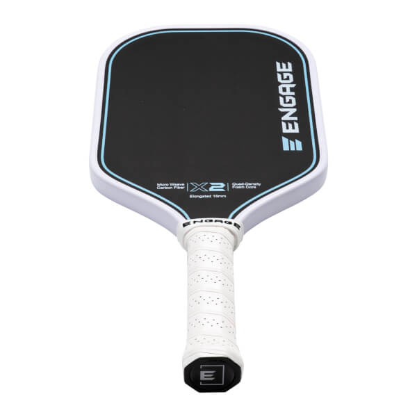 Front view of the Engage X2 pickleball paddle featuring a black face with blue trim, a white grip, and prominent "ENGAGE" and "X2" branding on the face.