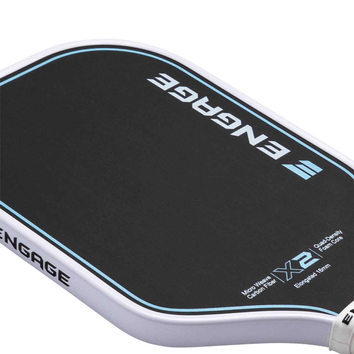 Close-up corner view of a black Engage pickleball paddle featuring a white edge, blue border line, and text including ENGAGE and X2.