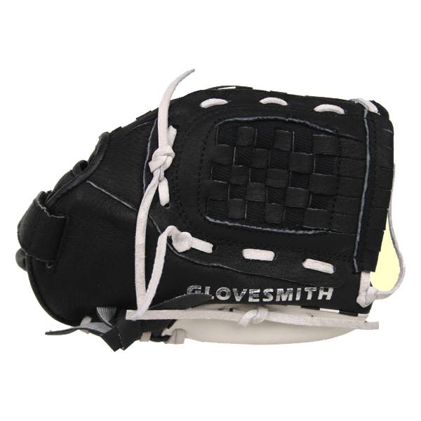Side view of a black baseball glove with white lacing and GLOVESMITH text.