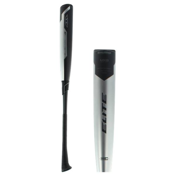 Side view of a silver and black baseball bat with AXE and ELITE branding.