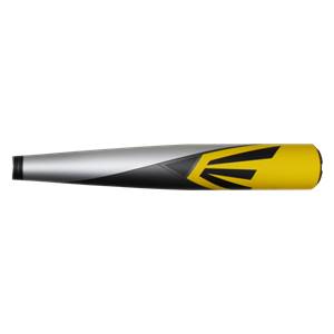 Side view of a silver and yellow baseball bat with black accents and a large yellow E logo.