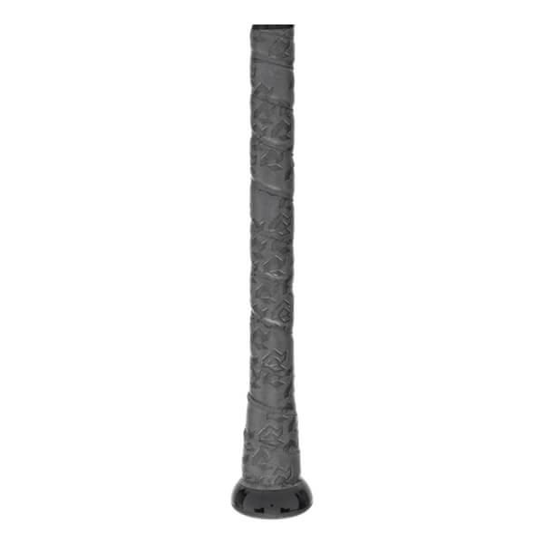 Side view of a gray baseball bat grip with a textured pattern and black end cap.