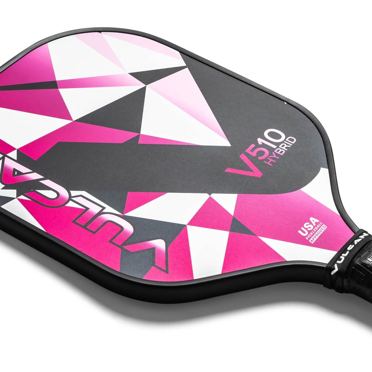 Corner view of a black pickleball paddle with pink and white geometric design, V510 HYBRID text, and USA Pickleball Approved stamp.
