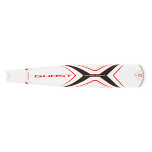 Side view of a white baseball bat with red GHOST and EVOLUTION text and a black X graphic.
