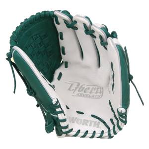 Front view of a green and white baseball glove with Liberty Advanced and WORTH branding.
