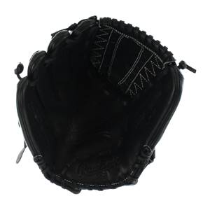 Top-down view of a black baseball glove with white stitching and Rawlings branding.