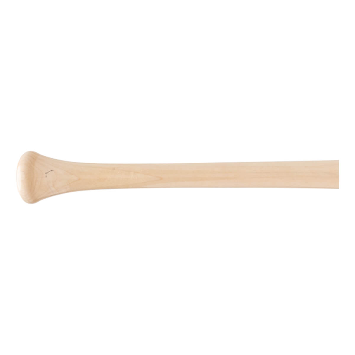 Side view of a natural wood baseball bat with a rounded knob and smooth barrel.