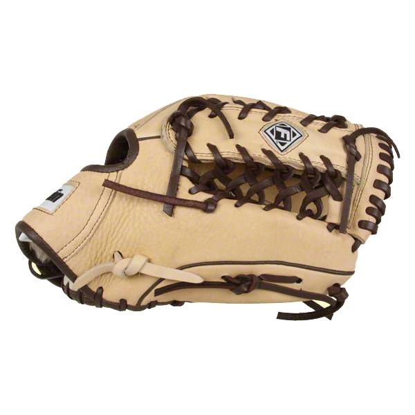 Side view of a tan baseball glove with dark brown lacing and a diamond logo.