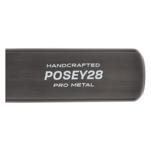 Close-up of a dark gray baseball bat with HANDCRAFTED POSEY28 PRO METAL text.