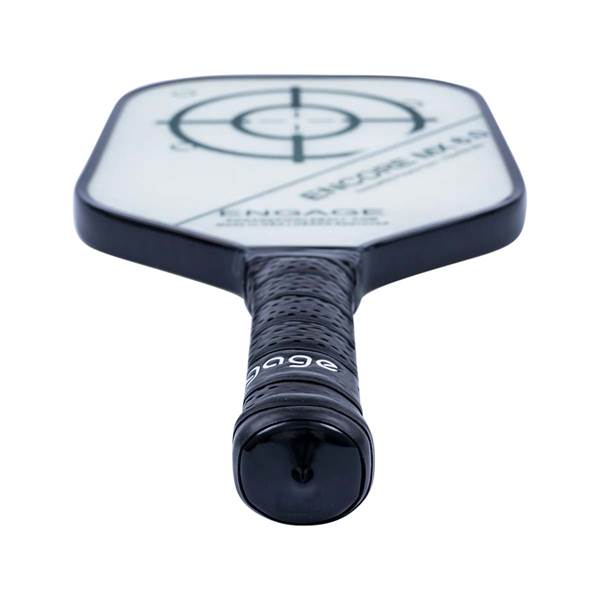 Top-down view of a white pickleball paddle with a black grip, target design, and ENGAGE text.