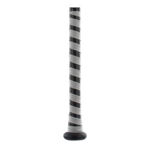 Close-up of a black baseball bat handle with white grip tape in a diagonal stripe pattern.
