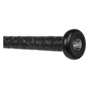 Close-up of a black baseball bat grip with perforations and a black end cap showing WORTH 30in 17oz.