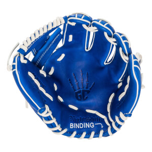Inside view of a royal blue baseball glove with white lacing, featuring a skeleton hand GC logo and "Nightshift BINDING" text on the palm.