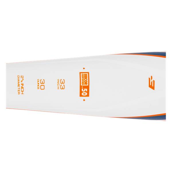 Side view of a white baseball bat with orange accents, showing 2 1/4 INCH DIAMETER, 30 OUNCE, 33 INCH, and BBCOR CERTIFIED .50.