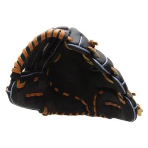 Side view of a black baseball glove with tan lacing and light blue trim.