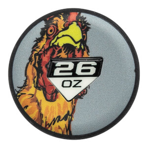 Top-down view of a grey softball bat end cap with a colorful rooster illustration and a 26 OZ weight emblem.