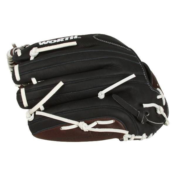 Side view of a black baseball glove with white lacing and WORTH branding.