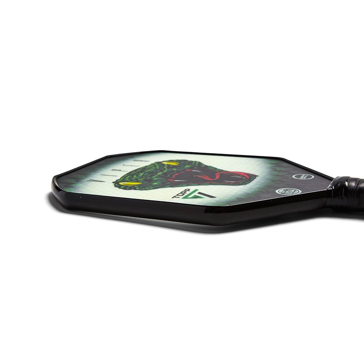 Side view of a black pickleball paddle with a green and red snake graphic and TOPP logo.