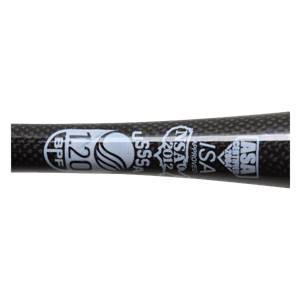 Close-up of a black softball bat with BPF 1.20, USSSA, and ASA 2012 approved logos.