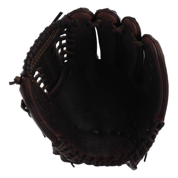 Top-down view of a dark brown baseball glove with a deep pocket and open webbing.