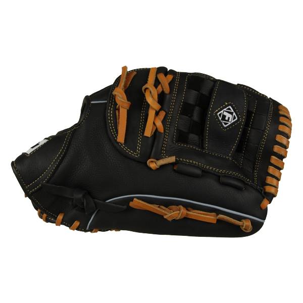 Side view of a black baseball glove with orange lacing and a diamond logo.