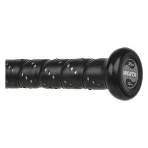 Close-up of a black baseball bat grip with white perforations and a black end cap with WORTH and 13oz visible.