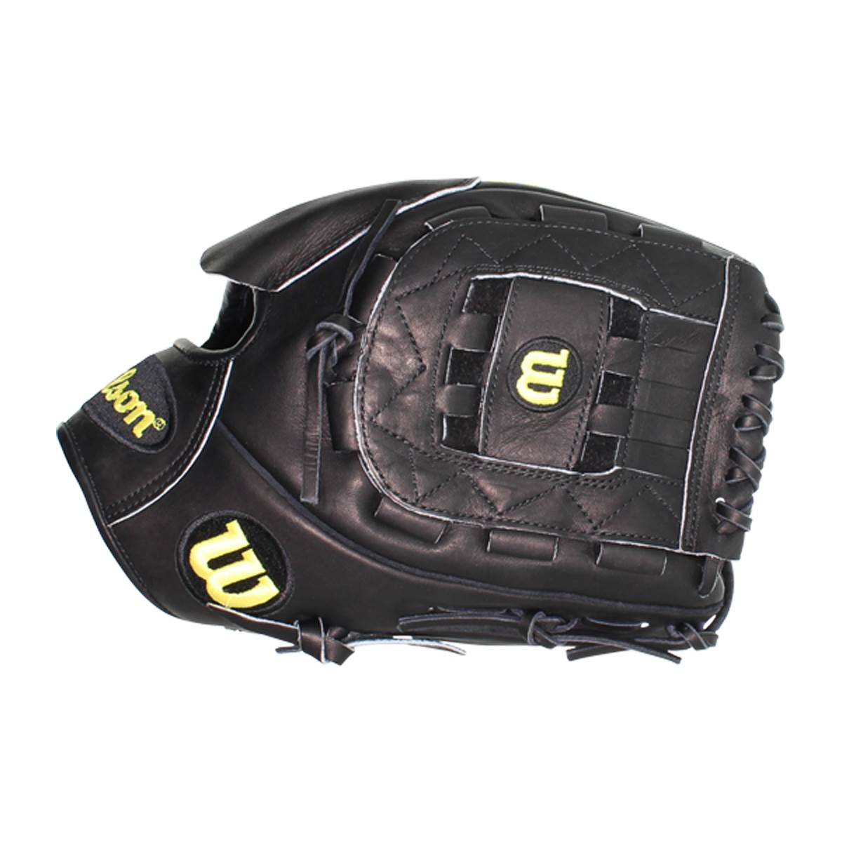 Side view of a black baseball glove with yellow Wilson logos and white stitching.