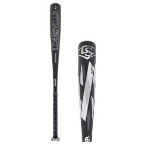 Side view of a black Louisville Slugger baseball bat with a textured grip and SOLO text.