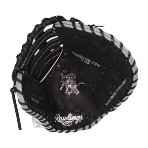 Top-down view of a black Rawlings first base mitt with white stitching, Heart of the Hide logo, and PROFM19SB-17BW text.