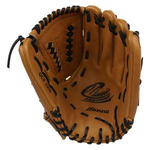 Front view of a tan baseball glove with black lacing and Mizuno Classic Fastpitch branding.