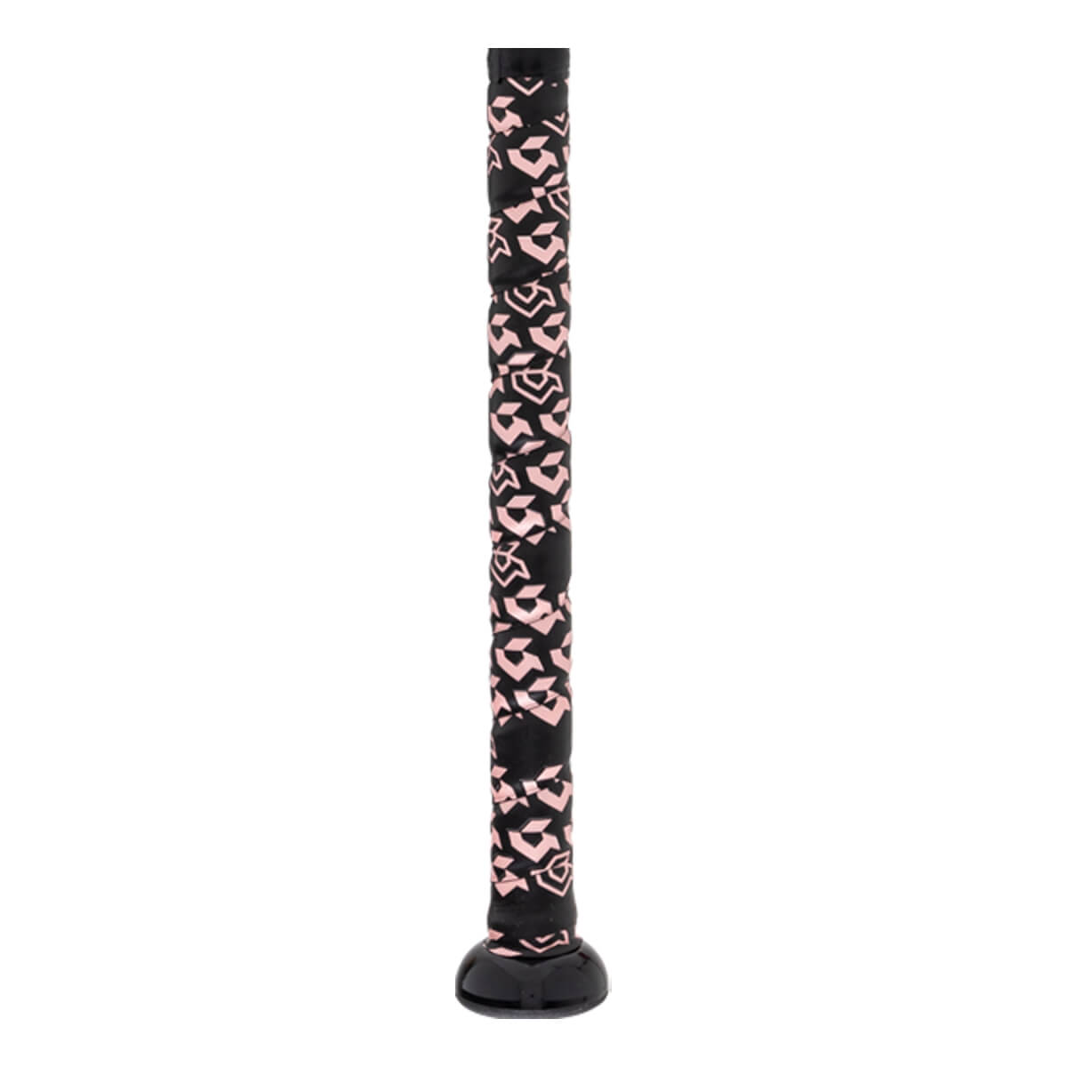 Handle view of a black fastpitch softball bat with pink geometric patterned grip tape and a black knob.