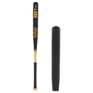 Full view of a black and natural wood softball bat with gold BamBooBat logo and glossy black barrel.
