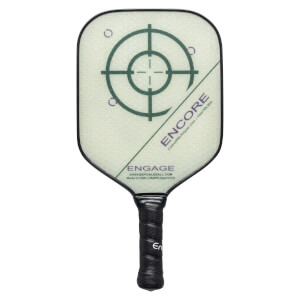 Front view of a white pickleball paddle with a green target design, ENCORE text, and a black grip.