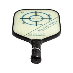 Top-down view of a black pickleball paddle with a target design and ELITE PRO text.