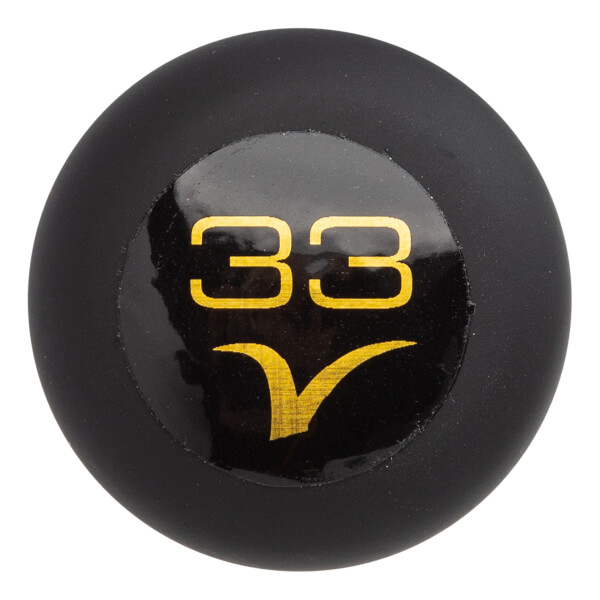Top-down close-up of a black baseball bat knob with a gold 33 and V logo on a circular black insert.