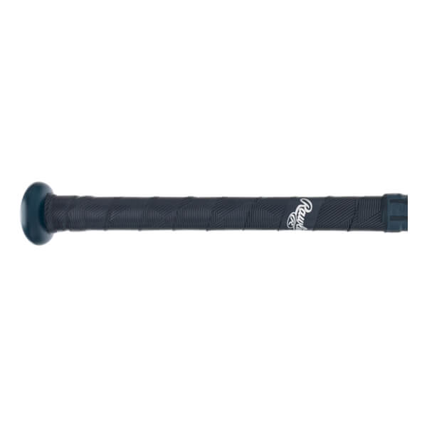 Side view of a dark blue baseball bat with a black textured grip and Rawlings logo.