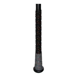 Close-up of a black baseball bat grip with orange dots and a gray textured lower grip.