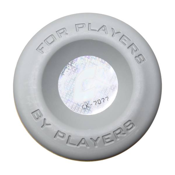 Top-down view of a gray baseball bat end cap with FOR PLAYERS BY PLAYERS text and a holographic sticker.