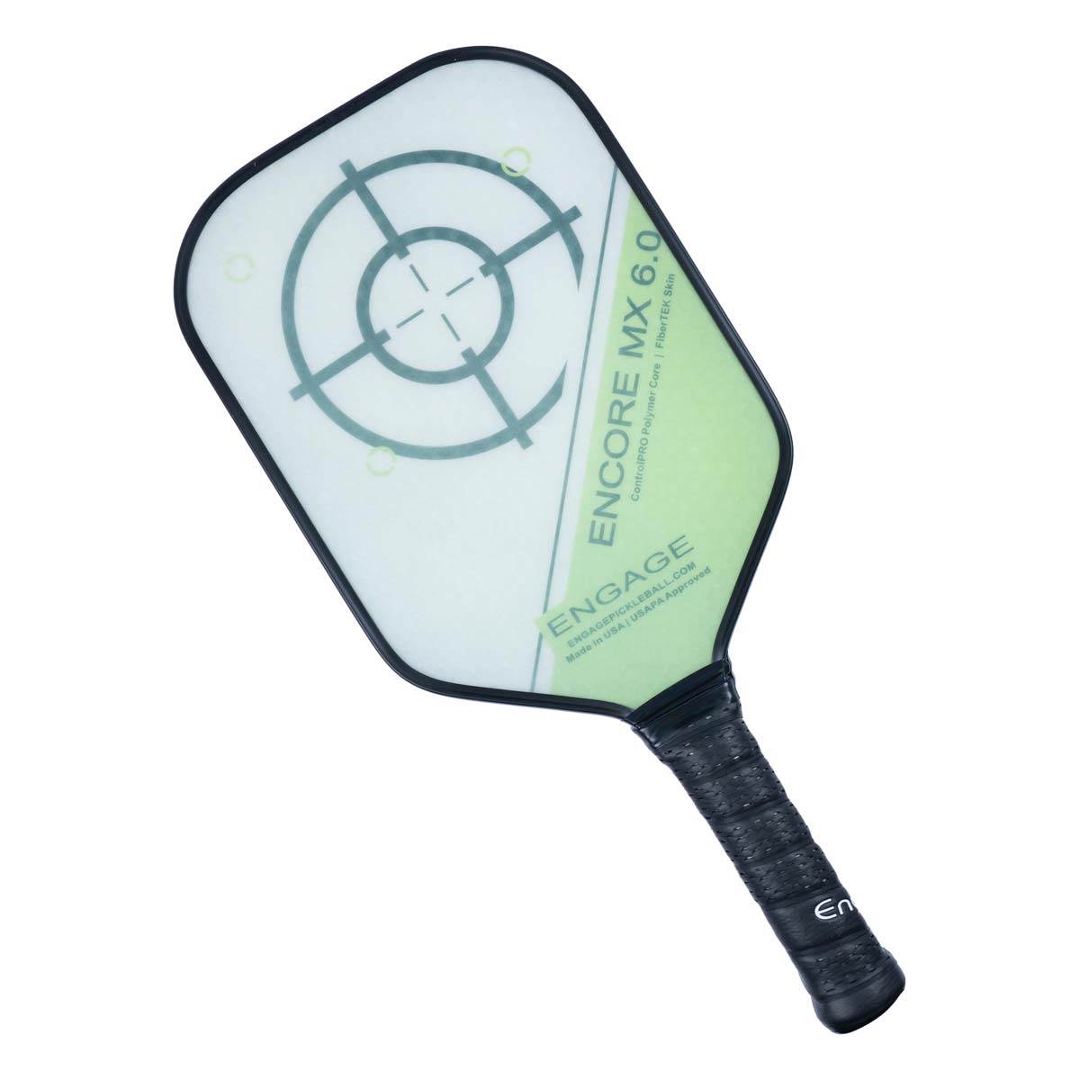 Top-down view of a white and green pickleball paddle with a target design and ENGAGE logo.