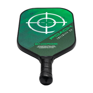 Top-down view of a green pickleball paddle with a target design, POACH INFINITY SX text, and ENGAGE logo.