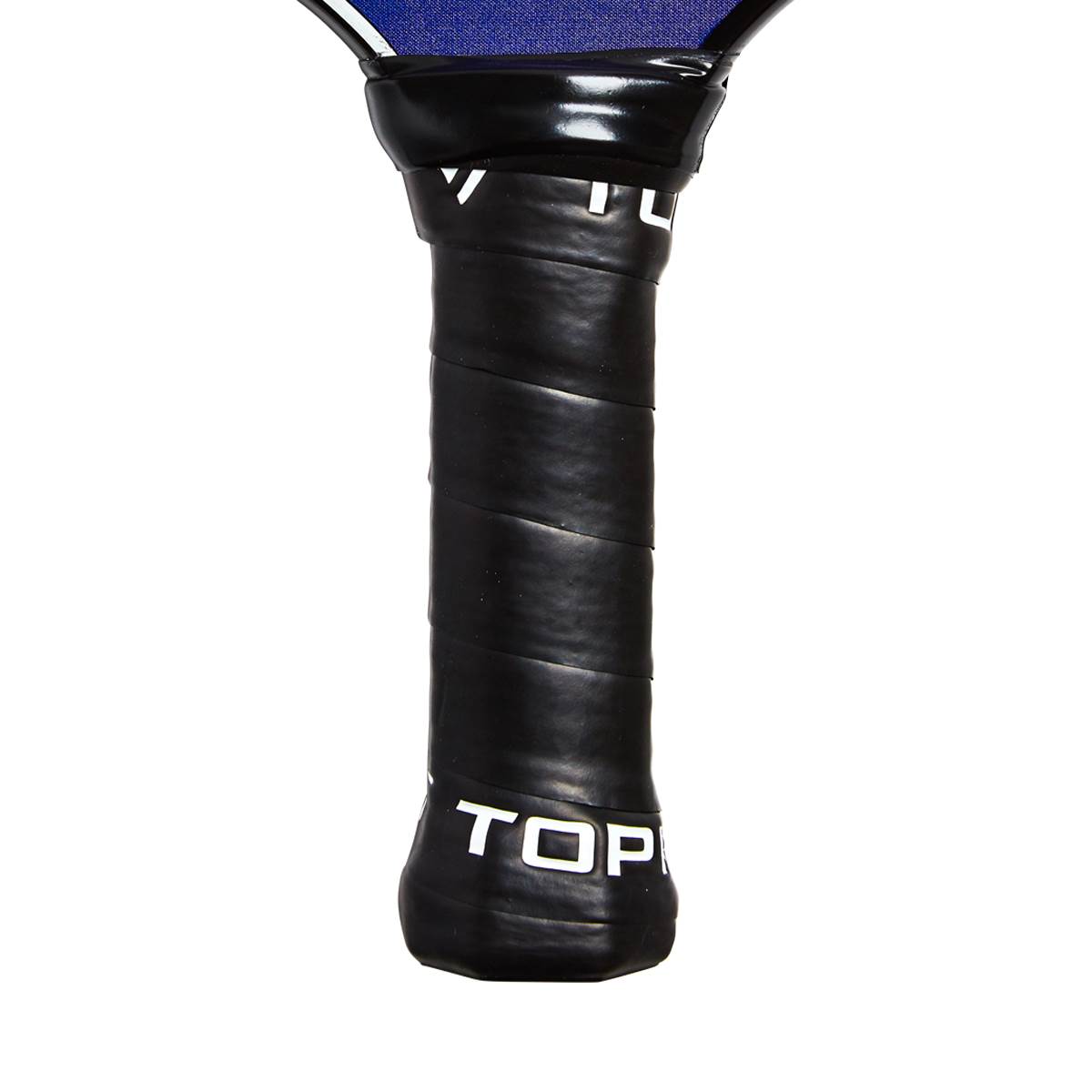Bottom view of a black pickleball paddle grip with white TOP lettering.