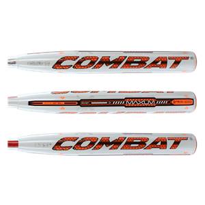 Top-down view of a white COMBAT MAXUM softball bat with orange lettering and a red end cap.