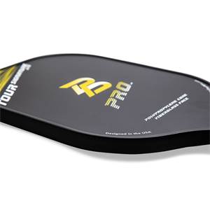 Side view of a black pickleball paddle with yellow PB PRO logo and Designed in the USA text.