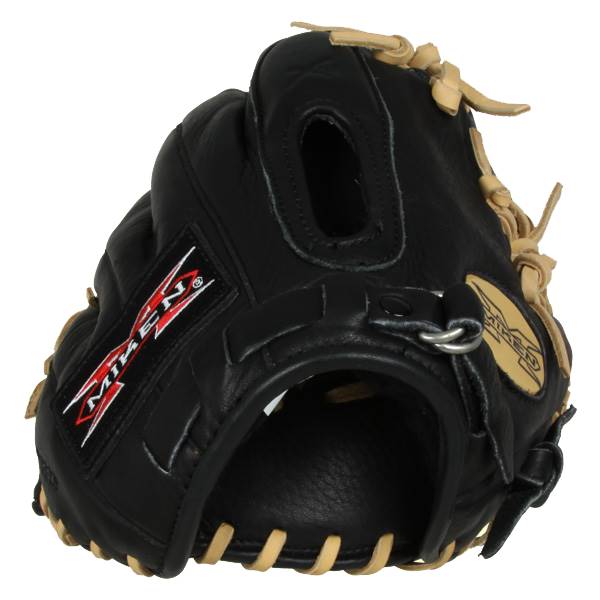 Side view of a black baseball glove with tan lacing and Miken logos.
