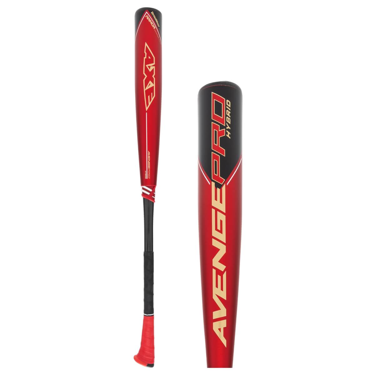 Side view of a red baseball bat with AXE and AVENGE PRO HYBRID branding.