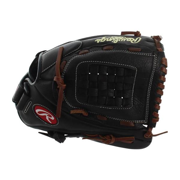 Top-down view of a black Rawlings glove with a woven pocket and red R logo.