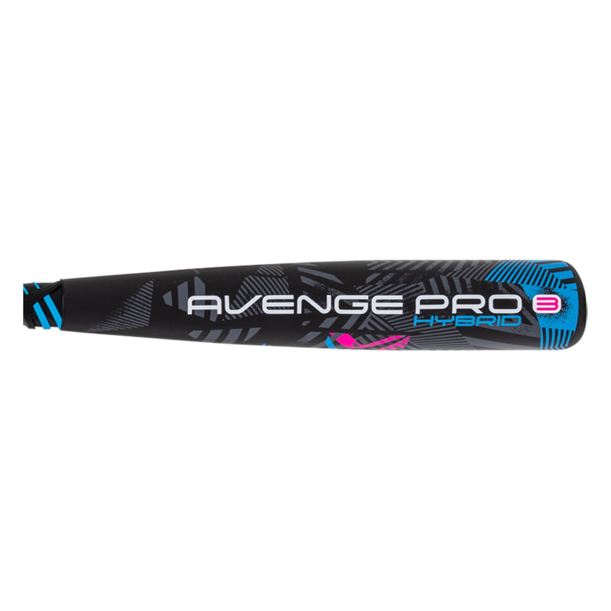 Side view of a black baseball bat with AVENGE PRO HYBRID text and geometric patterns in grey, blue, and pink.