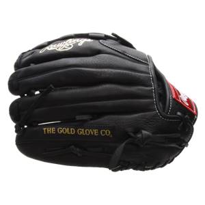 Side view of a black baseball glove with Rawlings logo and THE GOLD GLOVE CO. text.